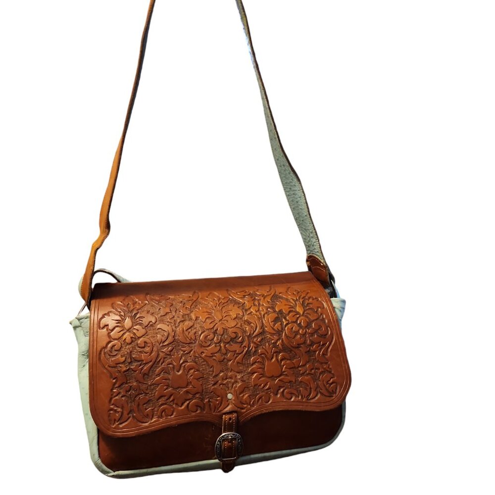 HUGE Hand Made and Hand Tooled Leather Satchel Bag Blue Ostrich Leather Accents